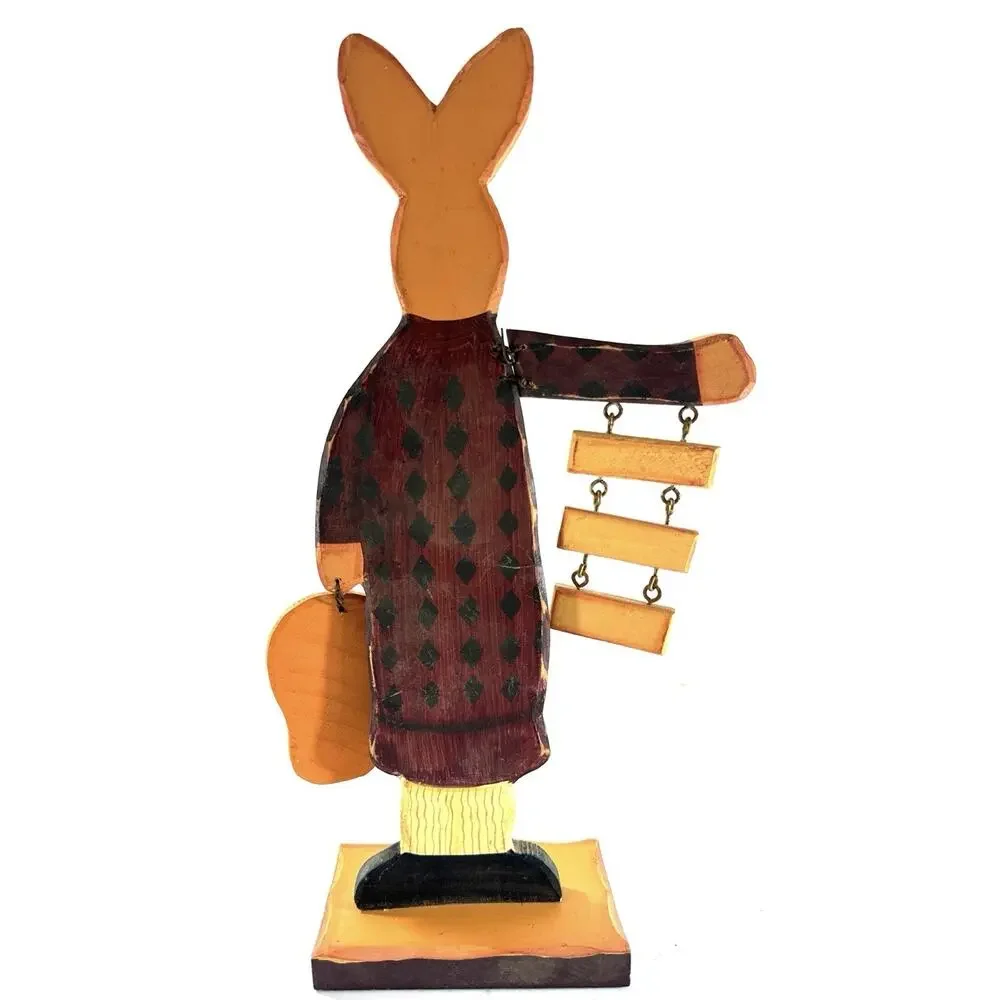 Hand Painted Wooden Bunny Figurine 14” Folk Art Rabbit Sunflower Primitive Decor